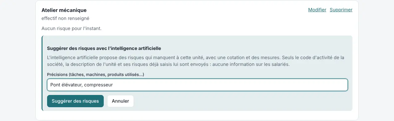 Suggestion de risques par l'intelligence artificielle pour un atelier mécanique : pont élévateur, compresseur.
